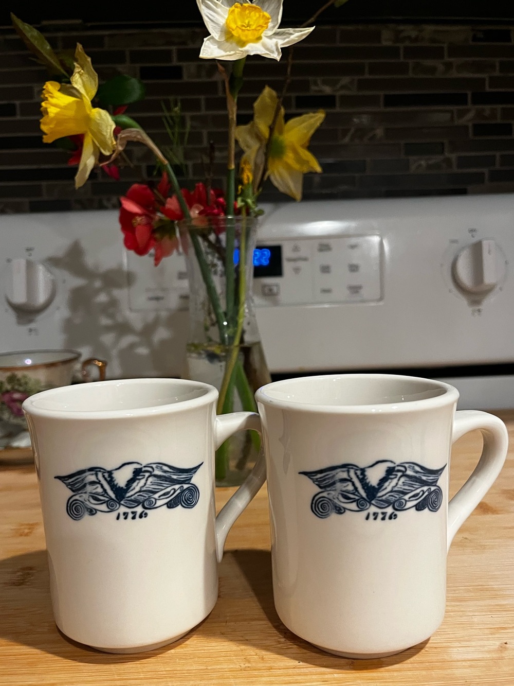 Vintage 80s Americana Diner Mugs: White Ceramic Navy Blue 1776 Eagles Set of 2